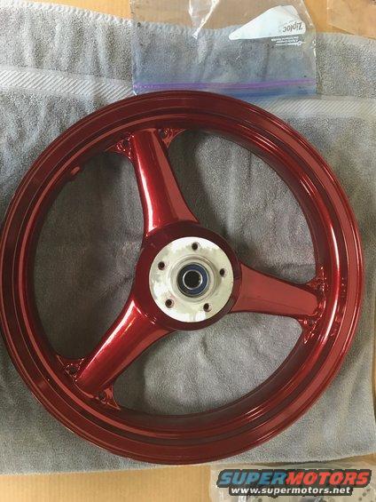 1998 ZX9R wheel lollypop red over super chrome base powder coat, new rotors, new bearings, new seals