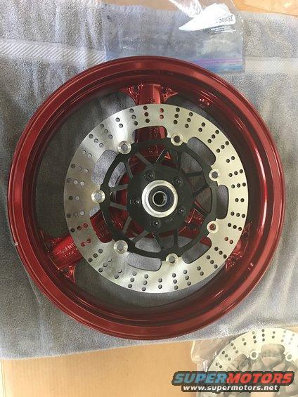 1998 ZX9R wheel lollypop red over super chrome base powder coat, new rotors, new bearings, new seals
