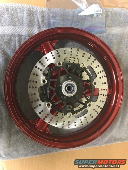 1998 ZX9R wheel lollypop red over super chrome base powder coat, new rotors, new bearings, new seals
