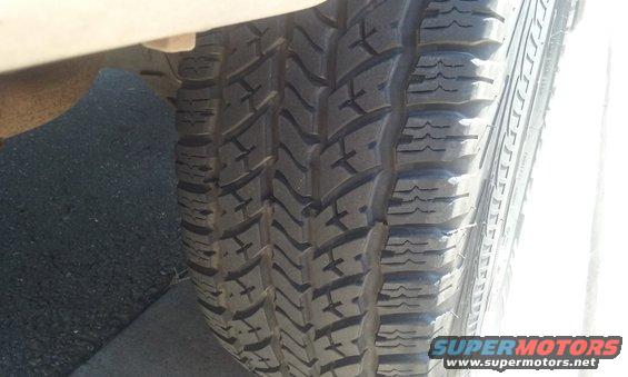 Close-up of a tire tread on a vehicle, showing the sidewall and part of the body