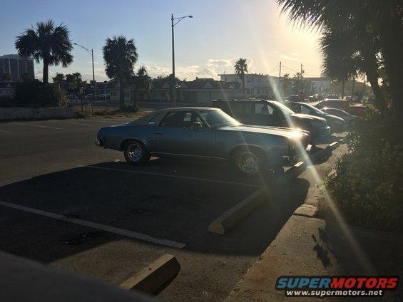 1975 Chevrolet Chevelle coupe parked in a lot, side view. Other vehicles and palm trees are visible