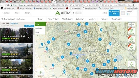 Screenshot of AllTrails website map with trail markers