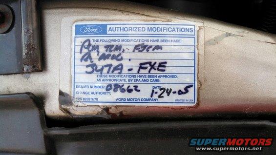 Ford authorized modifications sticker with handwritten notes and date 1-24-05
