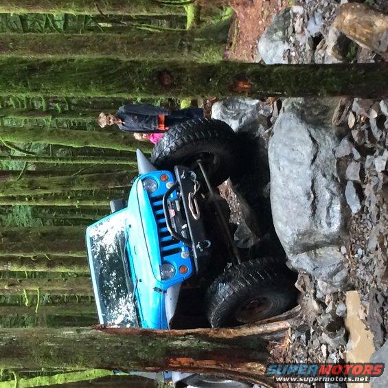 Blue Jeep Wrangler navigating a rocky, wooded trail