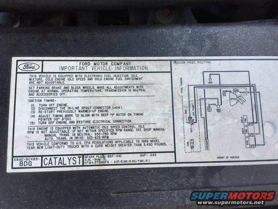 1989 Ford F-150 VIN sticker with vacuum hose routing diagram
