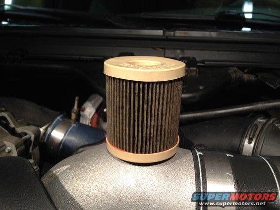 Engine air filter with beige top and bottom, sitting on a metal pipe in an engine bay