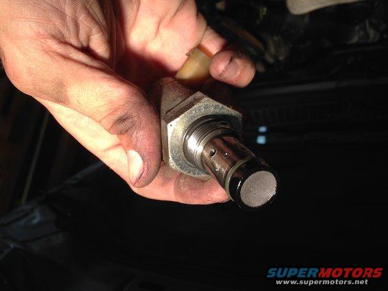 Hand holding an oil pressure sensor with a metal mesh filter at the end