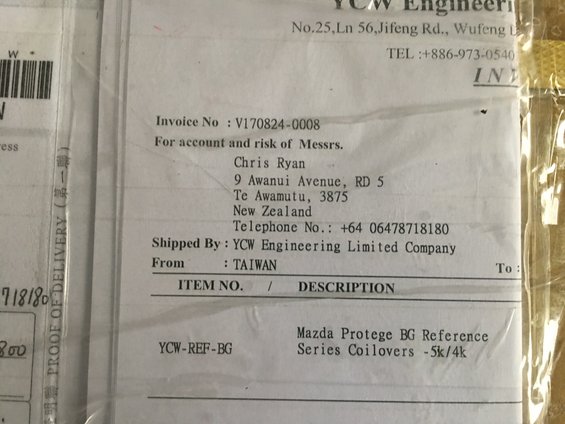 Invoice for Mazda Protege BG Reference Series Coilovers
