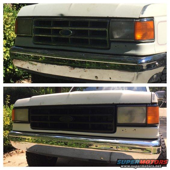 Front end of a white Ford truck, showing the grille and headlights. The bottom image shows a different grille than the top