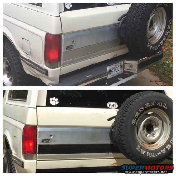 White Ford Bronco rear bumper with spare tire, license plate Y93078, and paw print sticker