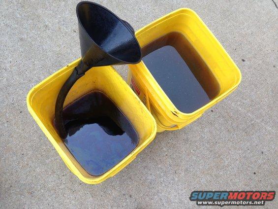 Funnel pouring dark fluid into yellow buckets