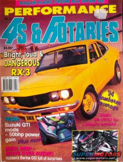 Yellow 1973 Mazda RX-3 coupe on a magazine cover, titled '4s & Rotaries'