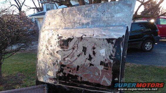 img_20170319_181212713.jpg Taking the paint off the hood. Luckily there weren't many dents so body filler was nice. If you're wondering why I stripped to bare metal for the whole truck, take a few steps back and look at that passenger side fender again.