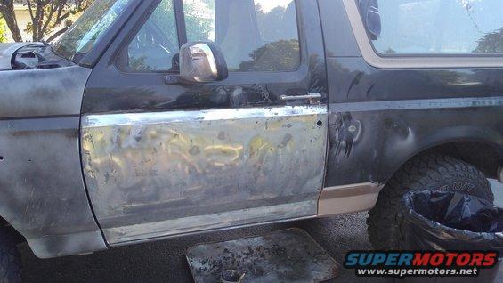 Finally starting to strip paint on the rest of the truck. You can see part of the fender in this picture. It stayed in that primer-glide coat state for months. Got some weird looks.