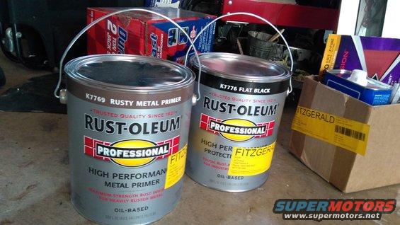 After I opted out of the boat paint, because it was glossy and my body work just wasn't good enough for that shine, I went with Rustoleum professional enamel in flat black. About $35 a gallon. 