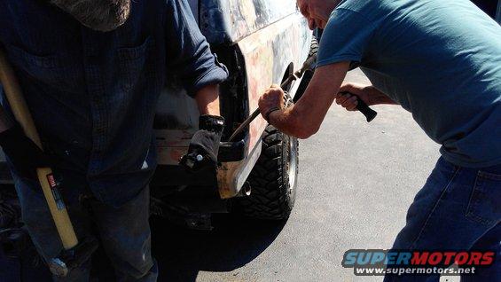 Grandpa and dad helped to remove a couple broken bolts reminiscent of the tire carrier. We ended up drilling them out and welding nuts on the inside to put the bolts through.