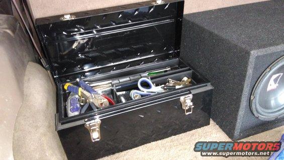 Toolbox is metal, from home depot, cost about $25. I bolted it to the floor.