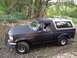 1996 Ford Bronco - A dark gray Ford Bronco with a white roof sits parked on a dirt path surrounded by trees.