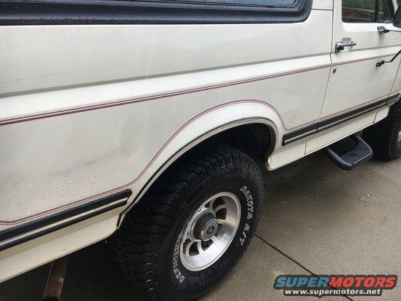 White 1988 Ford Bronco side view showing rear wheel, step bar, and pinstriping