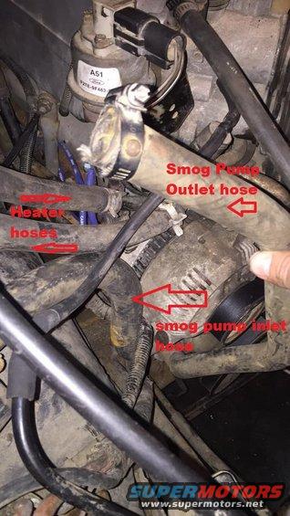 Engine bay with smog pump hoses and heater hoses labeled