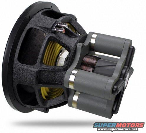 Car subwoofer with yellow cone and black basket, showing the motor assembly