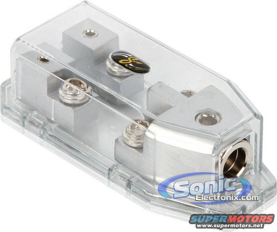 Clear car audio fuse holder with silver terminals and a black and yellow logo
