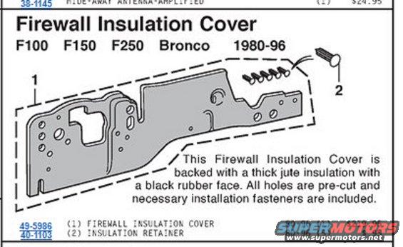 Diagram of a firewall insulation cover for F100, F150, F250, Bronco 1980-96. Includes fasteners