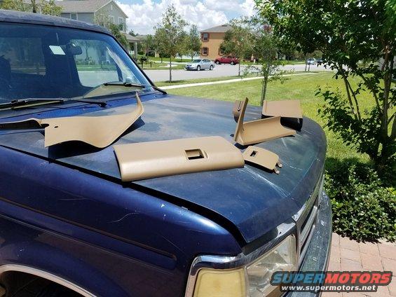 Tan interior trim pieces on blue hood of a truck