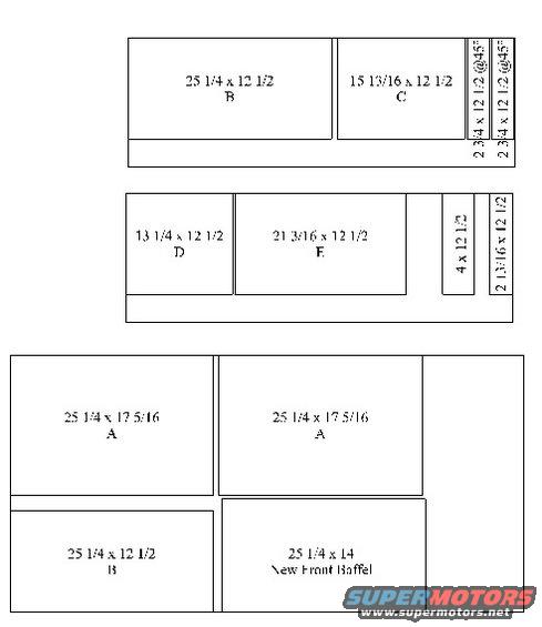 Diagram showing dimensions for speaker box parts labeled A, B, C, D, and F. One part is labeled 'New Front Baffle'