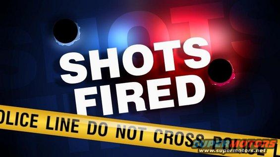 Graphic text "SHOTS FIRED" with bullet holes and yellow police tape reading "POLICE LINE DO NOT CROSS"