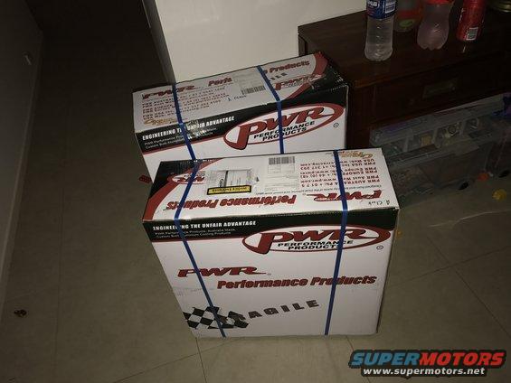 PWR custom 55mm thick aluminium radiator w/ 16" Spal fan, custom 55mm core intercooler and upgraded oil cooler
