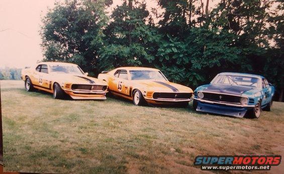 Three 1970 Ford Mustangs in yellow and blue race car livery parked on grass