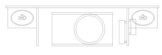 drawing of a bathroom vanity with two sinks and a central cabinet