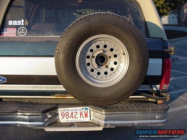 1994 Ford Bronco rear with spare tire mounted, Massachusetts license plate 9842 KW