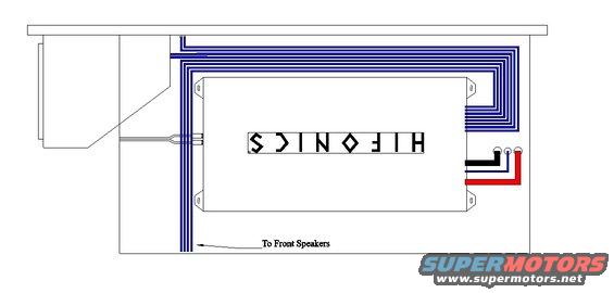 Diagram of a car stereo amplifier with wiring to front speakers and power connections