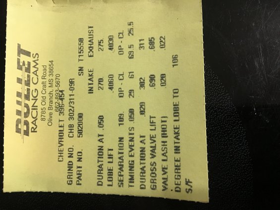 Yellow document with black text detailing camshaft specifications from Bullet Racing Cams