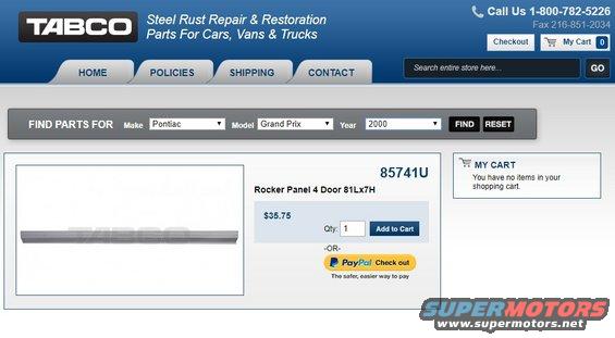 Screenshot of a website selling a rocker panel for a 2000 Pontiac Grand Prix