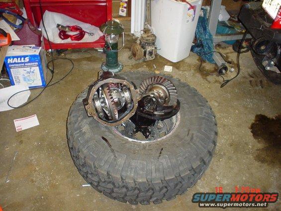 Open differential gears and ring gear resting on a large tire
