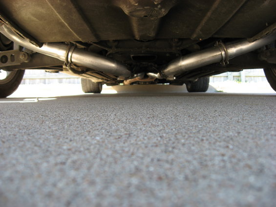 Underside view of dual exhaust pipes