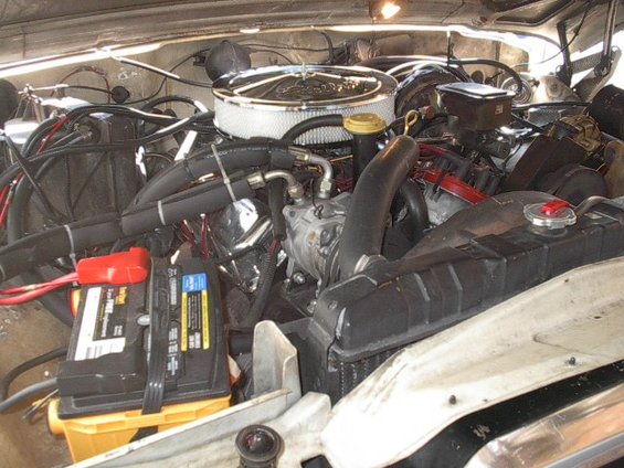 Engine bay with battery, radiator, and various hoses and components