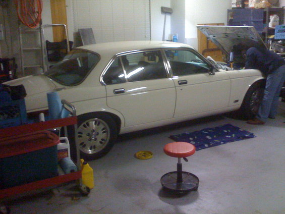 White 1987 Jaguar XJ6 sedan in garage with hood open, person working on engine