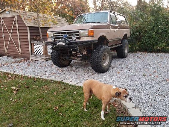 Modified 1987 Ford Bronco with large tires and winch bumper parked in gravel driveway