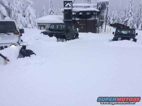 Three Jeeps partially buried in snowdrifts, with a building and snow-covered trees in the background