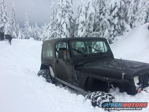Black Jeep Wrangler stuck in deep snow, trees covered in snow in background. Someone is in the driver's seat