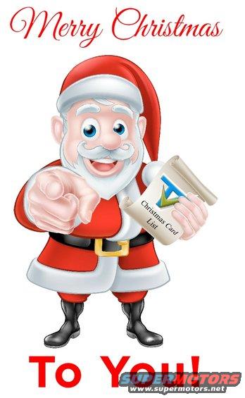 Cartoon Santa Claus pointing forward and holding a scroll that says "Christmas Card List"