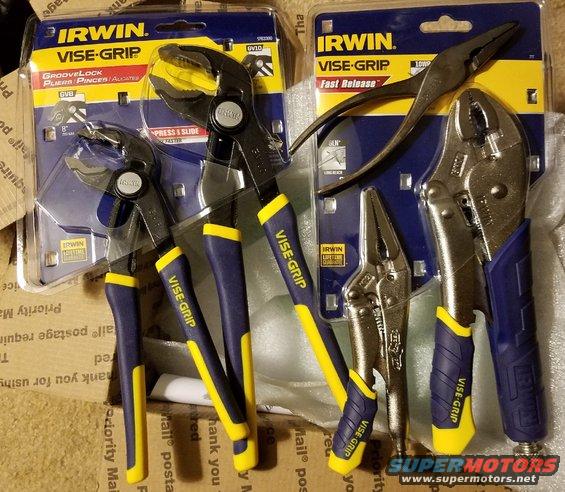 Four Irwin Vise-Grip tools in packaging, including pliers and locking pliers