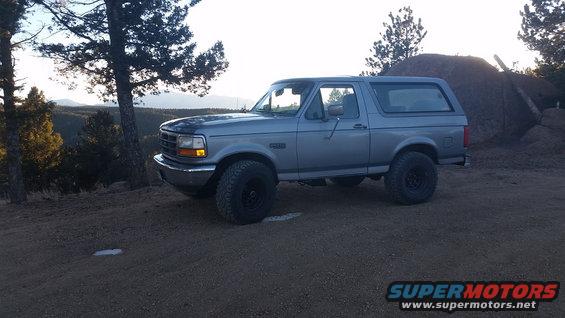 Silver 1995 Ford Bronco parked on a dirt road with trees and mountains in the background