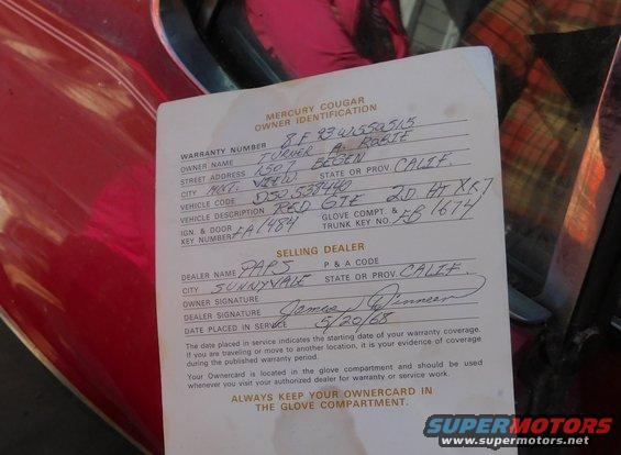 Mercury Cougar owner identification document with handwritten details and a date of 5/20/68