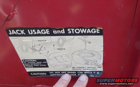 Red car exterior with a "Jack Usage and Stowage" sticker showing diagrams of jacking points and a spare tire