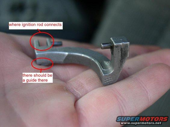 metal linkage part held in hand, with red circles and text indicating connection points